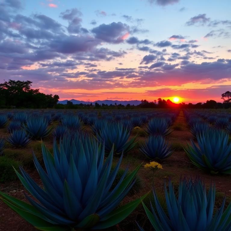 Campo de agave michoacano al atardecer
