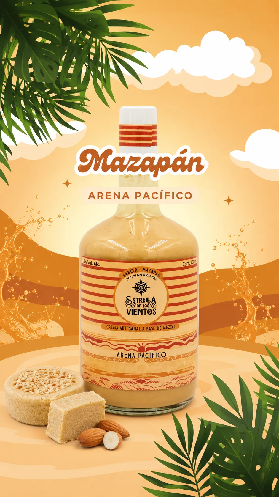 Botella de crema artesanal de mezcal Estrella de los Vientos Arena Pacífico sabor mazapán
