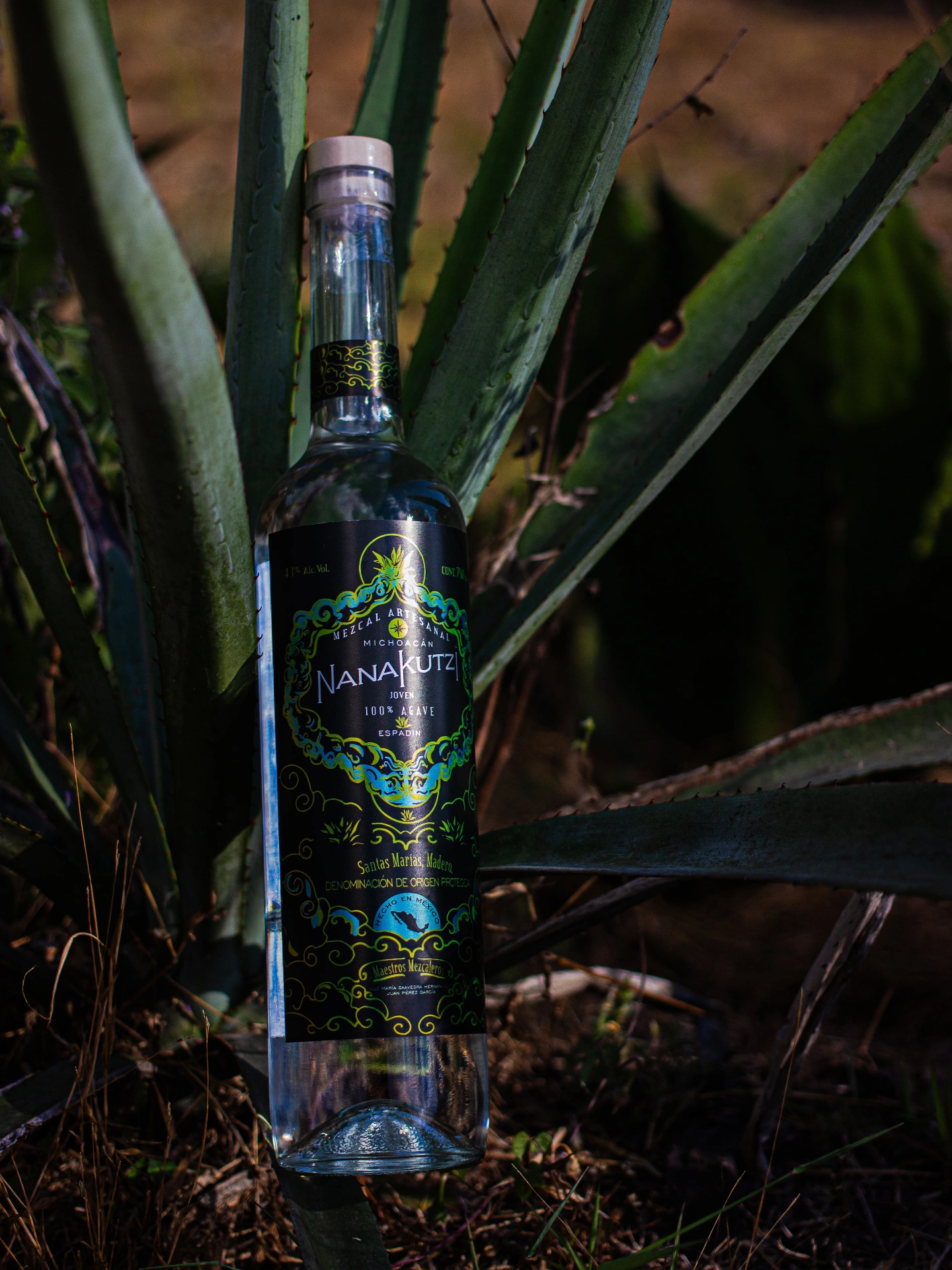 Botella de mezcal Nanakutzi Joven Espadín de Santas Marías, Madero, Michoacán entre pencas de agave