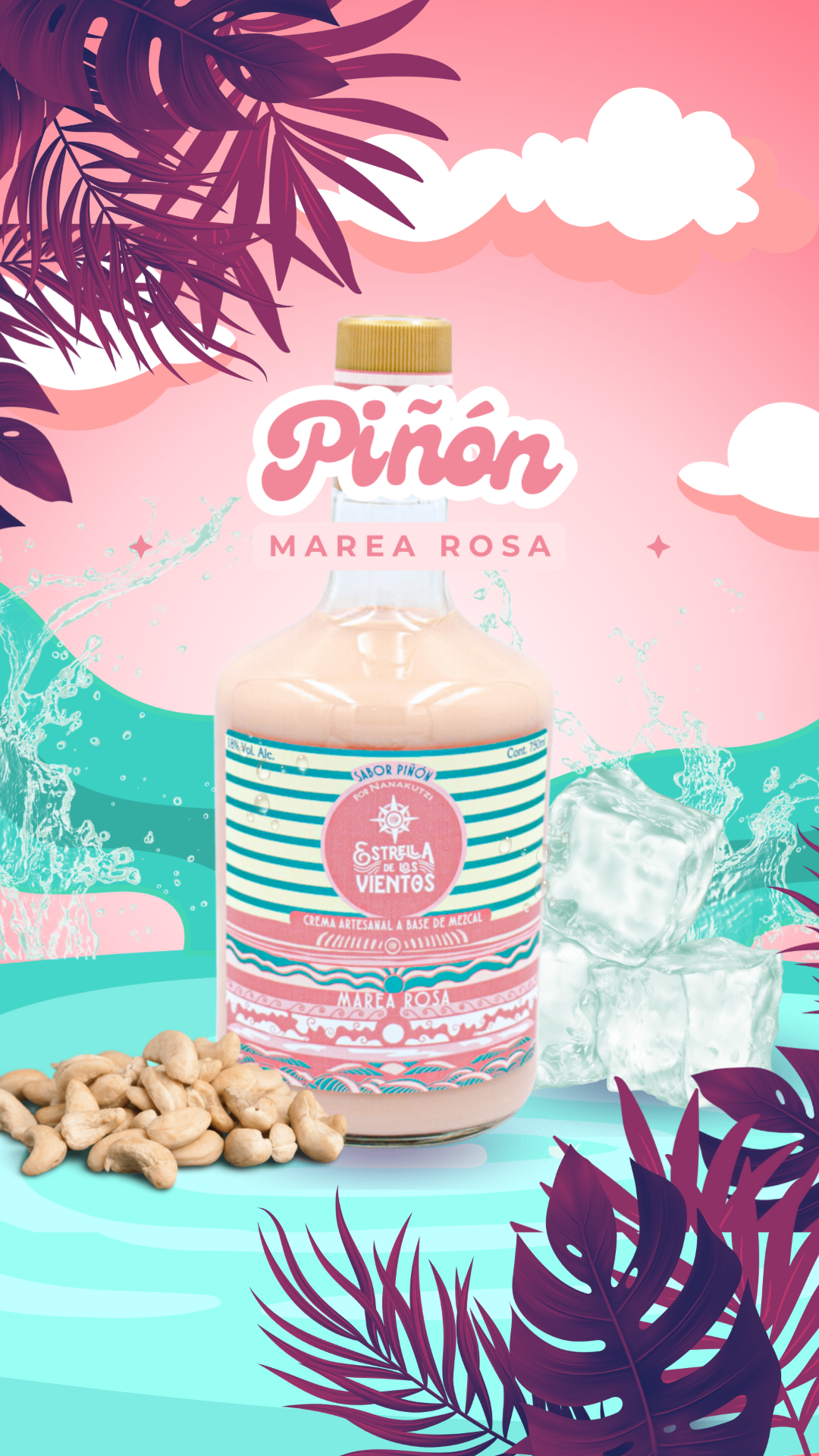 Botella de crema artesanal de mezcal Estrella de los Vientos Marea Rosa sabor piñón