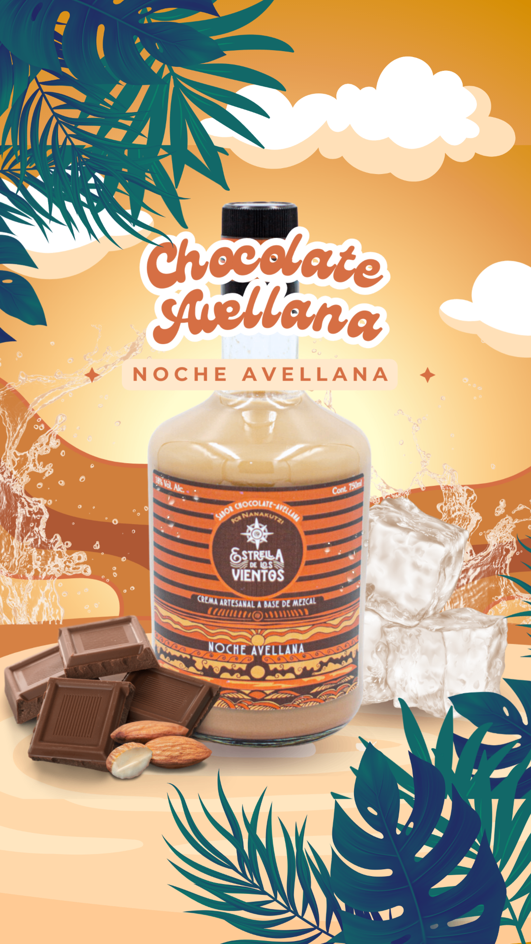 Botella de crema artesanal de mezcal Estrella de los Vientos Noche Avellana sabor chocolate-avellana