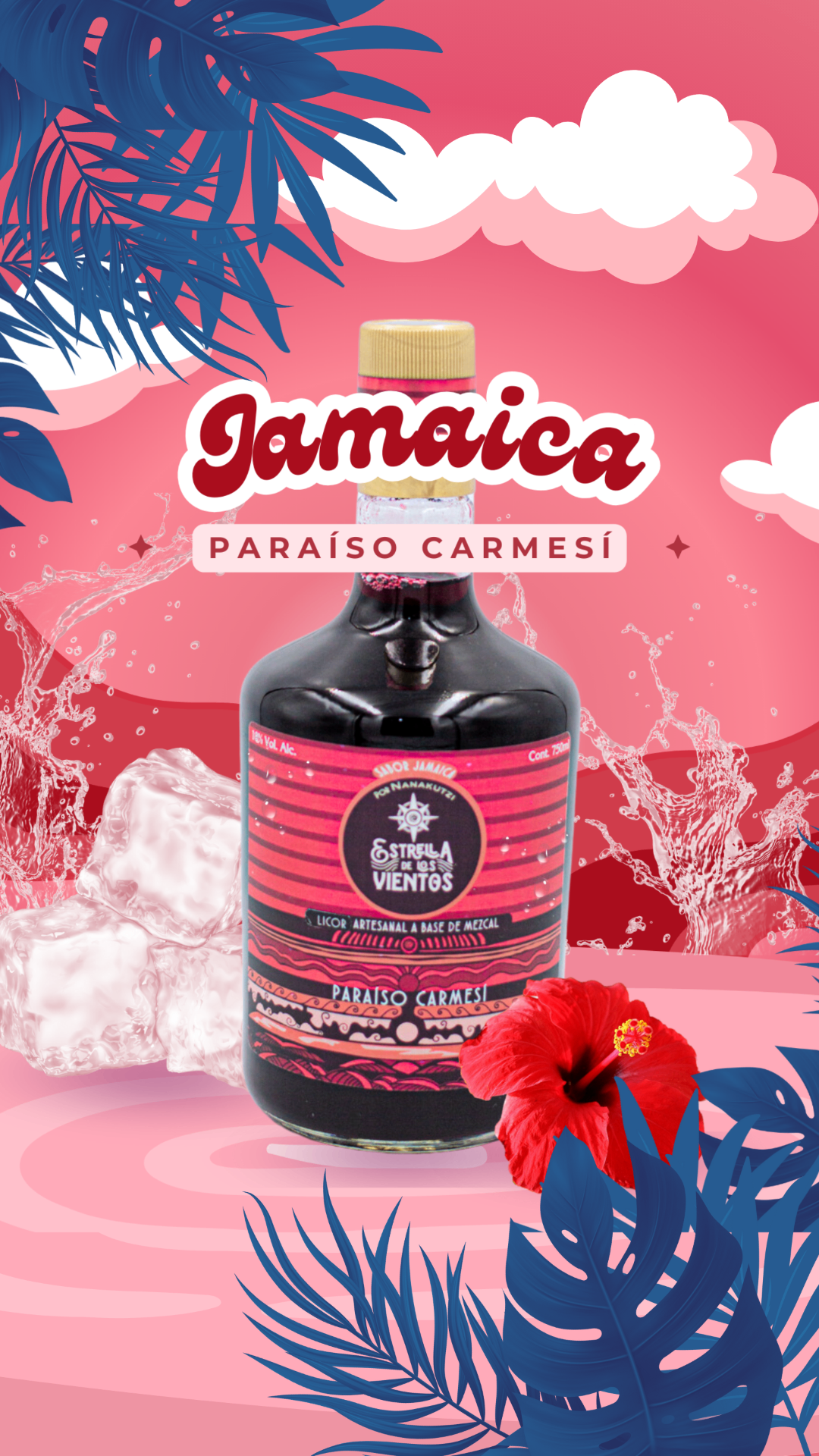Botella de licor artesanal de mezcal Estrella de los Vientos Paraíso Carmesí sabor jamaica